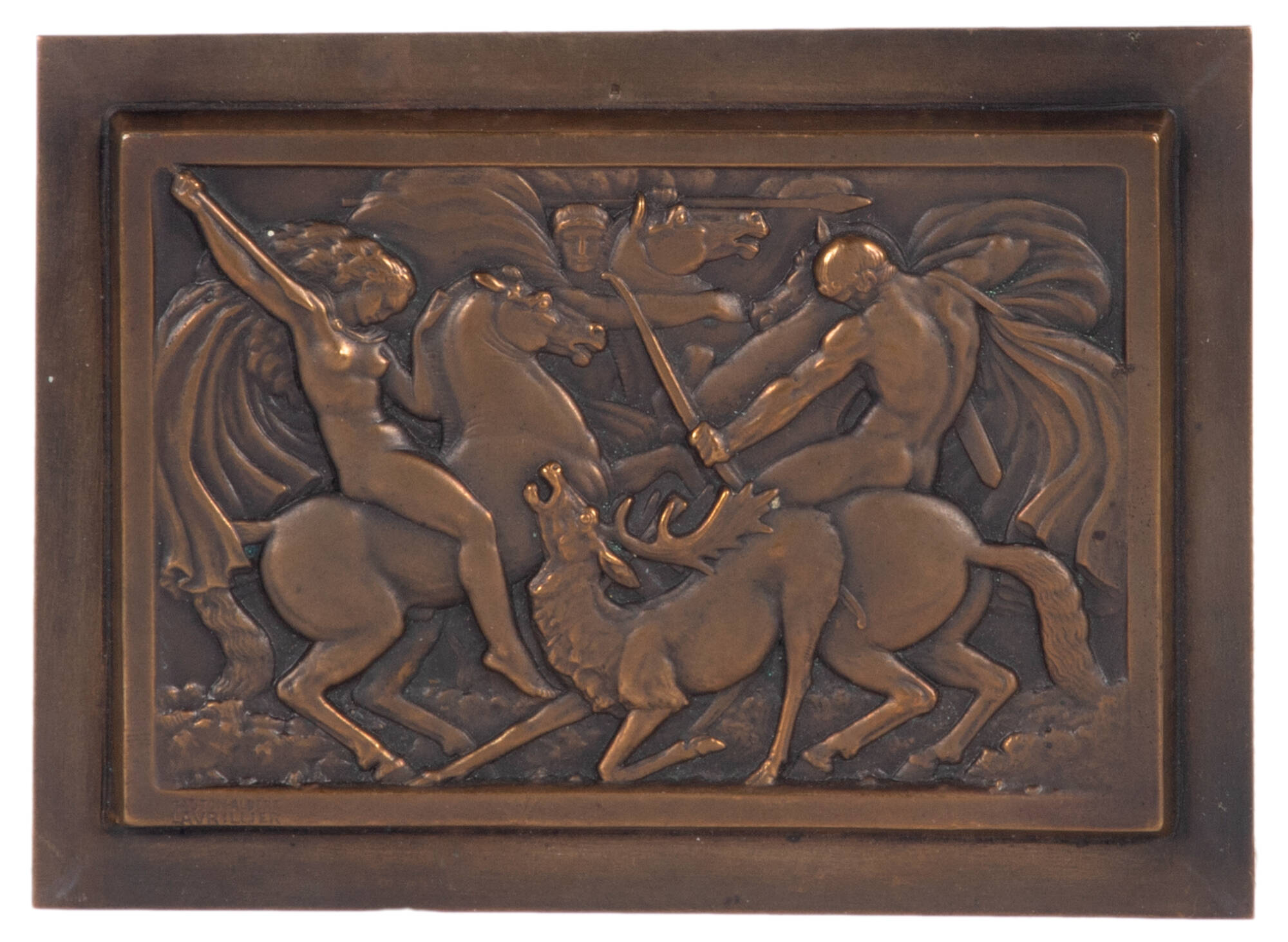 Plaque depicting a hunting scene. Two figures on horses frame the plaque, with a stag in the center.